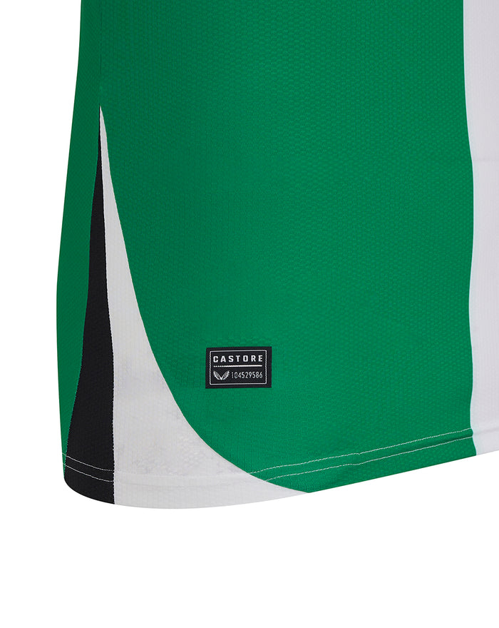 Lower hem area of Feyenoord Pro Derde Shirt with curved green panel on white base and Castore label