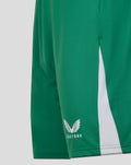 Close-up of green shorts showing the Castore branding and wing emblem