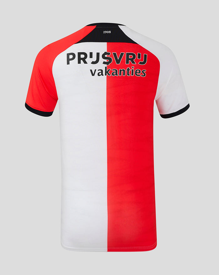 Back view of the Feyenoord 2024-2025 home shirt with red and white vertical halves and large sponsor text across the upper back