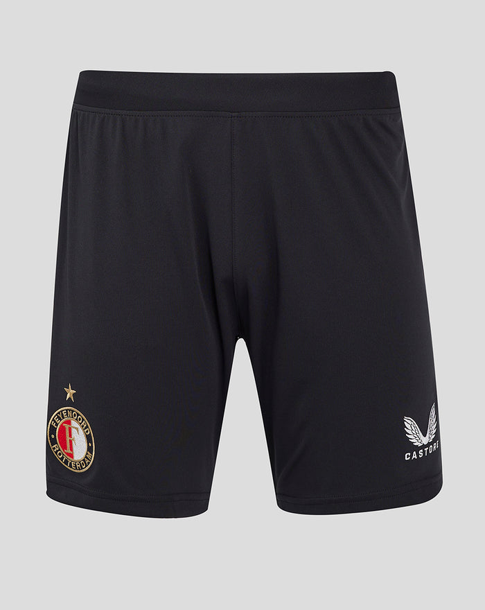 Back view of men's Feyenoord home shorts in dark fabric with a red side stripe, embroidered club logo on the right thigh and Castore logo on the left thigh
