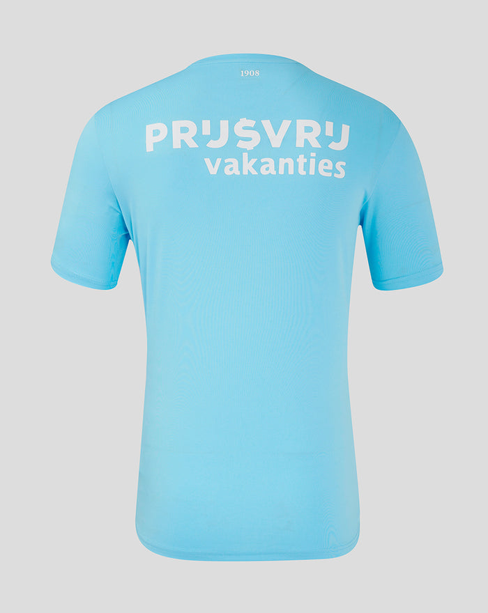 Back view of Feyenoord keeper shirt 2024-2025 in blue with large white text across the back
