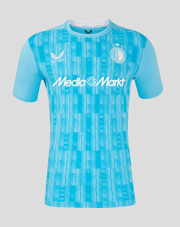Front view of Feyenoord keeper home shirt 2024-2025 in bright blue with vertical pattern, Media Markt sponsor across chest and club crest left chest