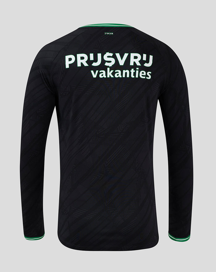 Achteraanzicht van het lange mouwen Feyenoord uitshirt in donker ontwerp met grote sponsortekst over de bovenrug