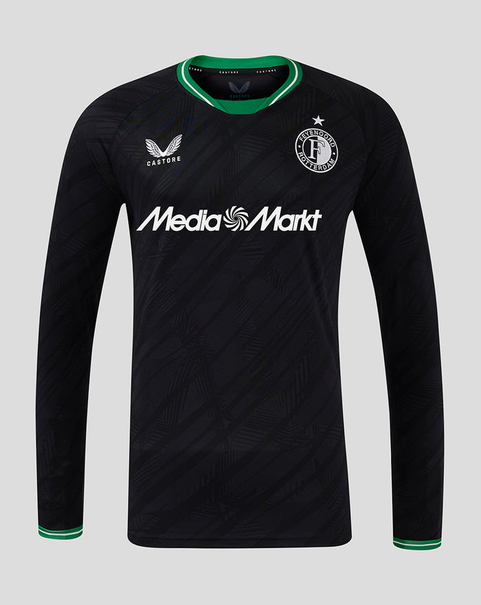 Feyenoord uitshirt lange mouwen 2024-2025 donkerblauw met groene kraag en boorden, frontaal met MediaMarkt sponsor en linkerborst Feyenoord-embleem