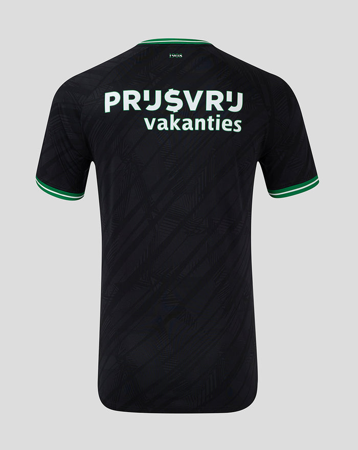 Back view of the black Feyenoord 2024-25 away shirt with green collar and bold sponsor text across the back.