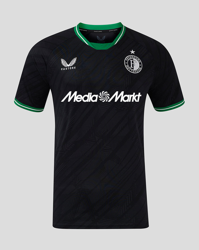 Feyenoord 2024-2025 men's away shirt in dark navy with green trim and sponsor logo across chest