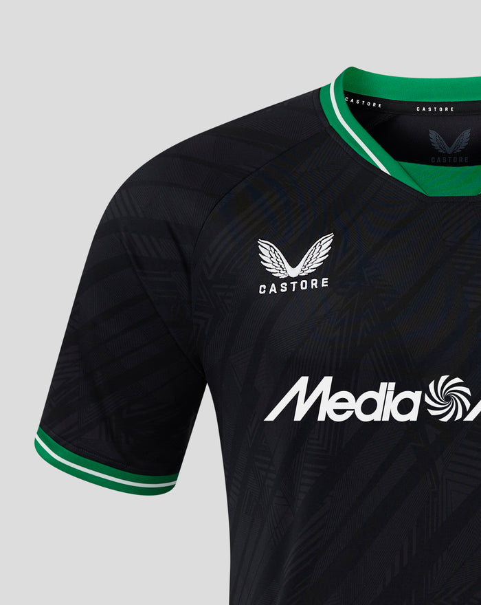 Detail van Feyenoord uitshirt 2024-2025 heren in donker patroon met groene kraag en Castore merklogo