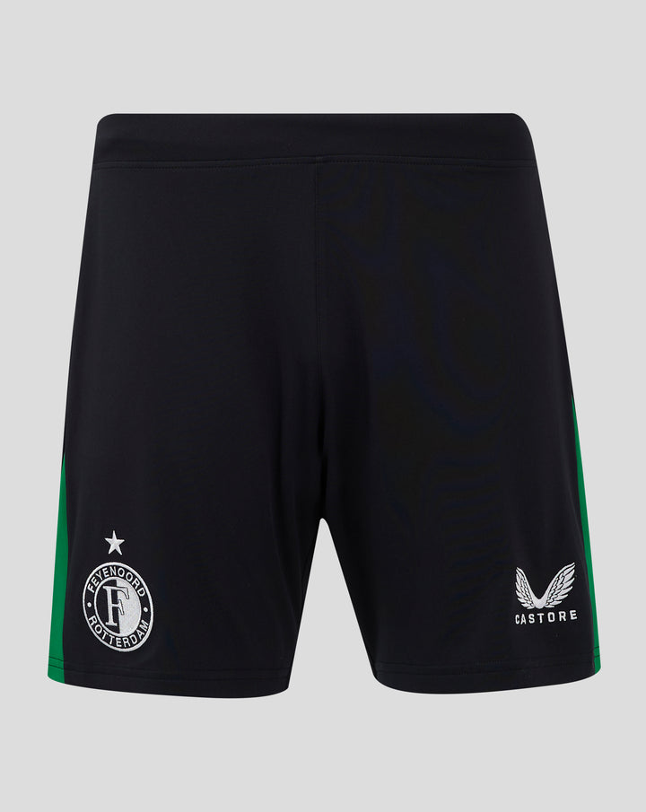 Front view of Feyenoord men's shorts in black with a green side stripe, featuring the club crest on the left leg and Castore logo on the right