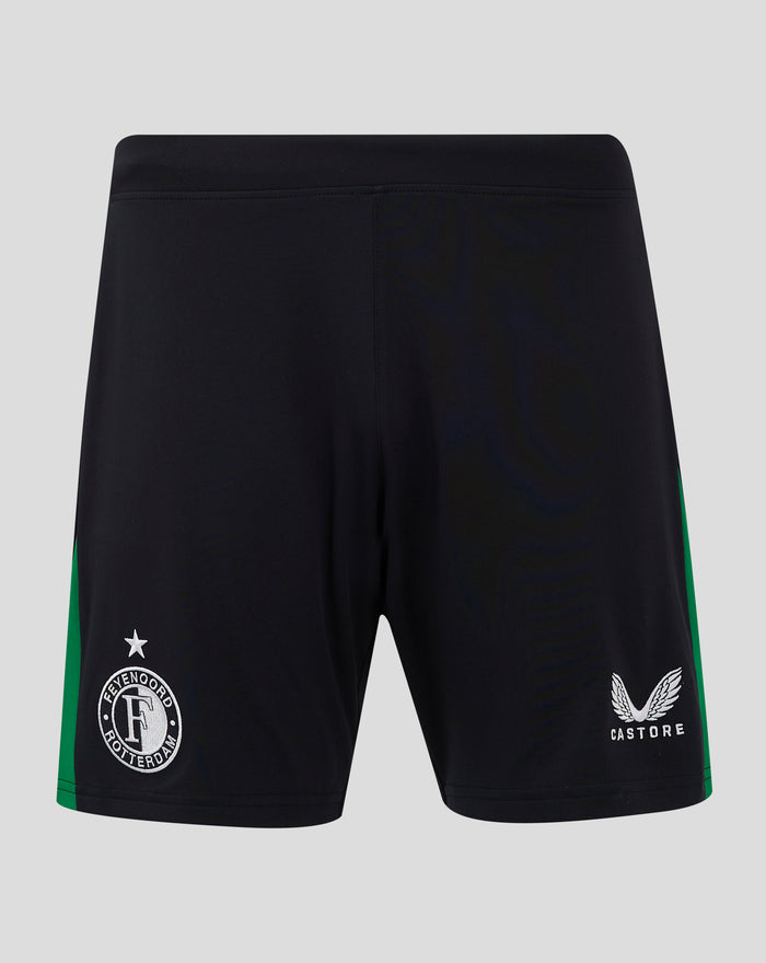 Front view of Feyenoord men's shorts in black with a green side stripe, featuring the club crest on the left leg and Castore logo on the right