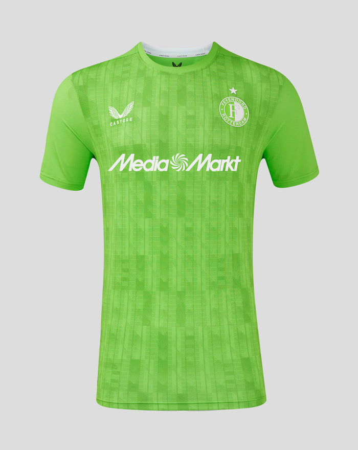 Front view of neon green Feyenoord keeper shirt with club crest on the chest and sponsor logo across the front