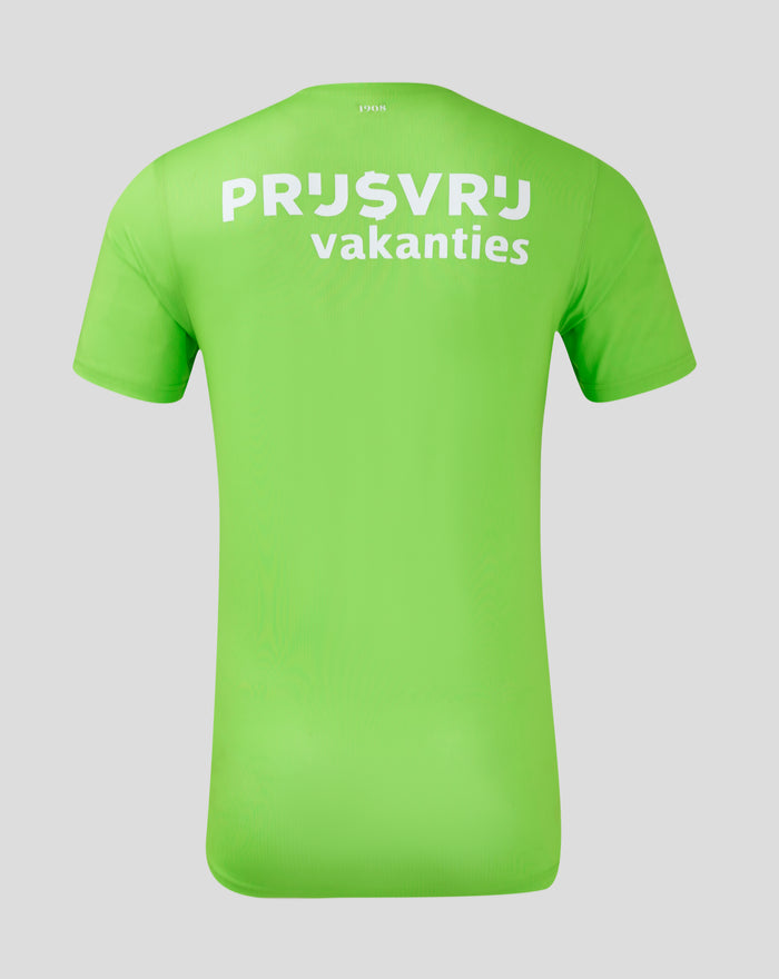 Back view of neon green Feyenoord keeper shirt with large white text across the back
