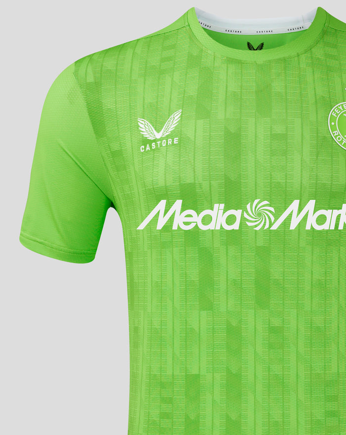 Front view of neon green Feyenoord keeper shirt with Castore branding at the collar and chest crest
