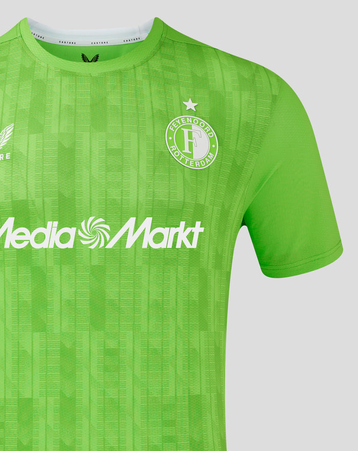 Front view of neon green Feyenoord keeper shirt with MediaMarkt sponsor across the chest and crest