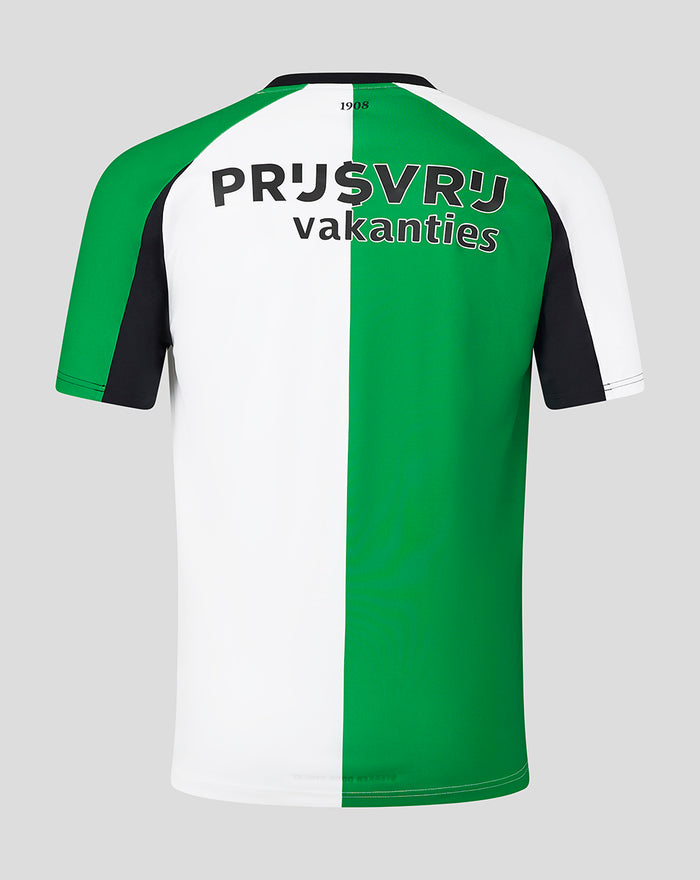 Back view of Feyenoord 2024-2025 junior third shirt with a green and white vertical split and black sleeves.