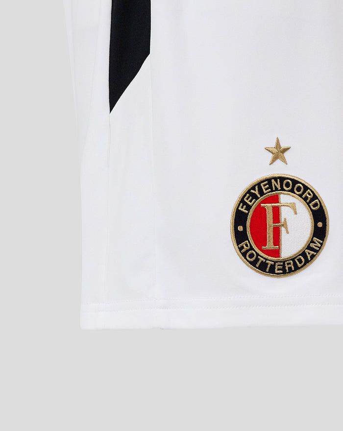 Side view of white Feyenoord third shorts for men with black side panel and embroidered club crest.