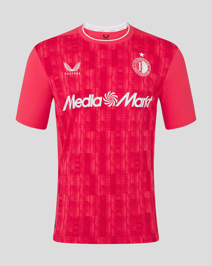 Bright red Feyenoord keeper third shirt with club crest on the left chest and sponsor across the front.