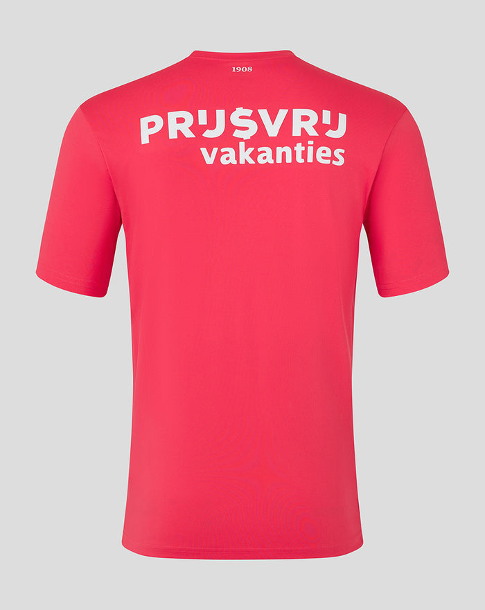 Back view of bright pink Feyenoord Pro Keeper Third Shirt with short sleeves and white text across the upper back.