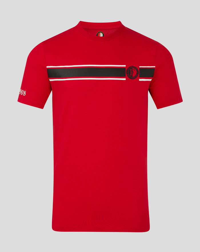 Front view of red Feyenoord Classic T-shirt for men with black horizontal stripe and crest
