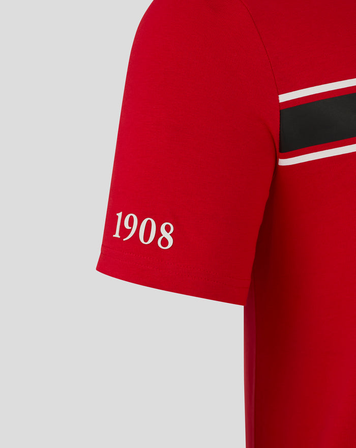 Red Feyenoord Classic T Shirt for men showing a sleeve seam and white and black stripe with 1908 text