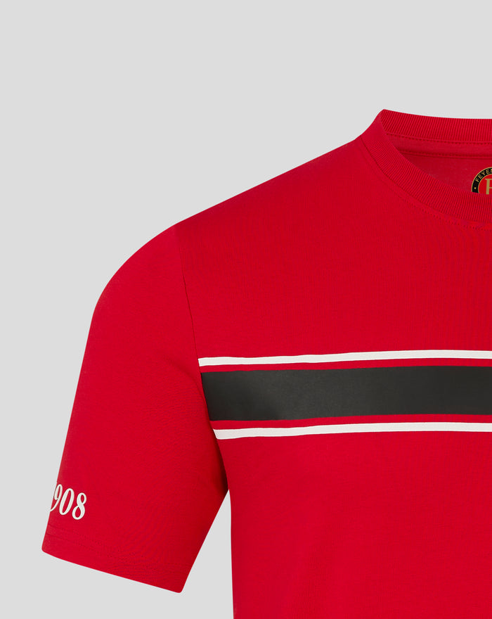 Close up of red Feyenoord Classic T Shirt for men with a white and black striped band across the chest