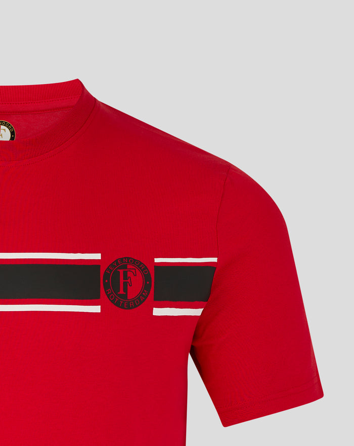 Angled closeup of chest area on red Feyenoord T-shirt showing black stripe and crest