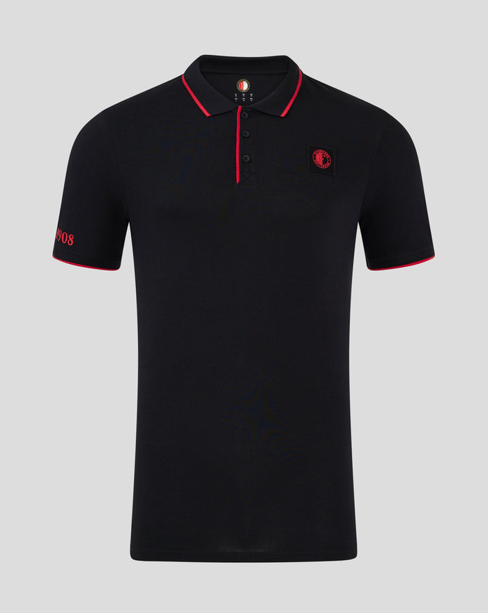 Front view of a black Feyenoord Classic Polo for men with red piping on the collar and placket and a red chest badge.