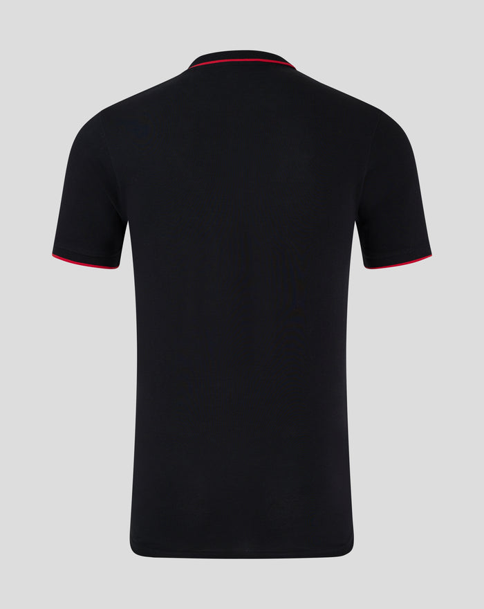 Back view of the black Feyenoord Classic Polo for men showing red piping along the collar.