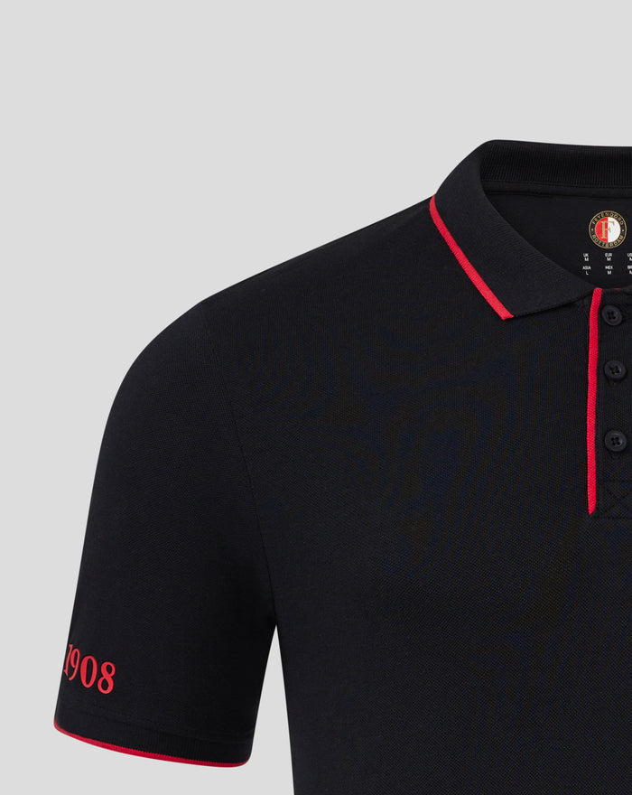 Close up of a black Feyenoord Classic polo with red trim on the collar and placket and the club crest near the collar
