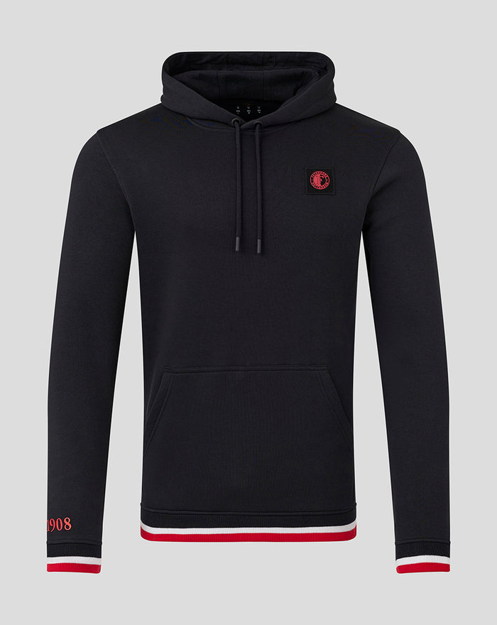 Front view of black Feyenoord Classic Hoody for men with chest patch and red white striped hem and cuffs