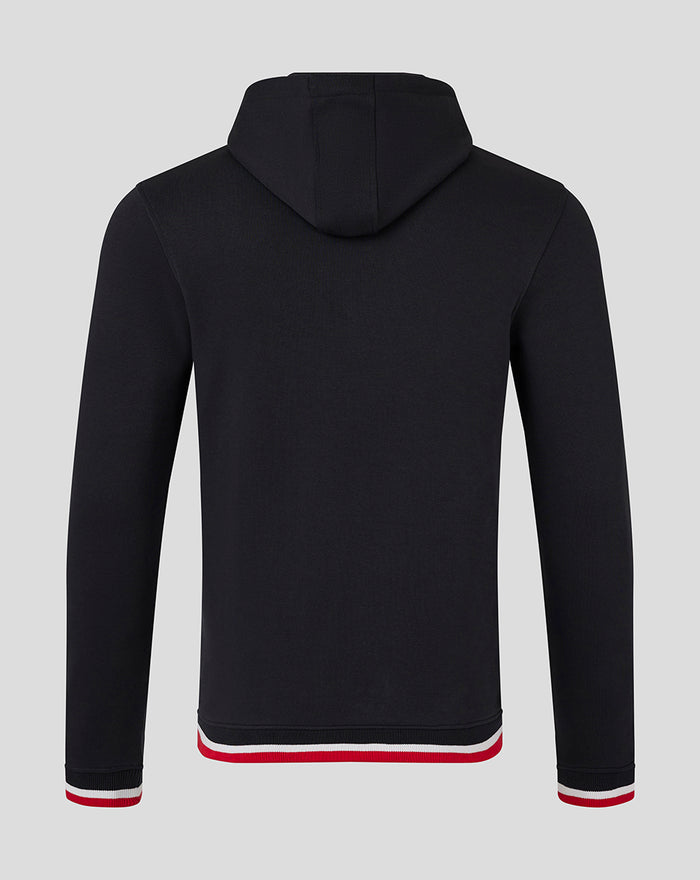 Back view of a black FEYENOORD Classic Hoody for men with a hood and red white striped trim at the hem and cuffs.