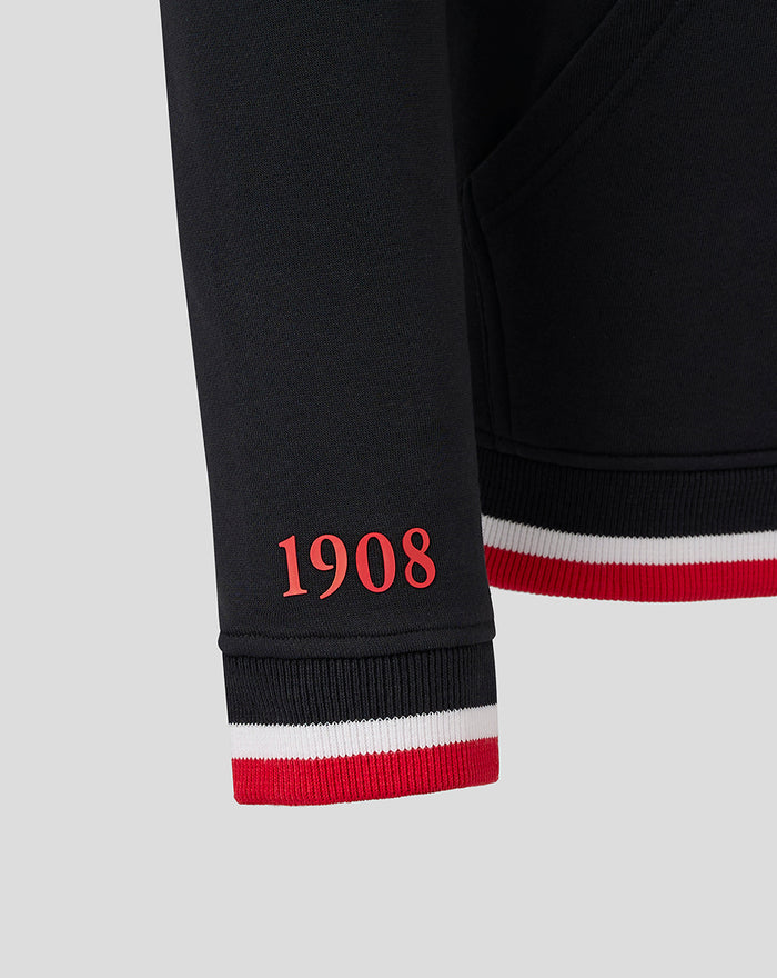 Black Feyenoord Classic Hoody for men sleeve close-up with red 1908 numerals and red white striped hem