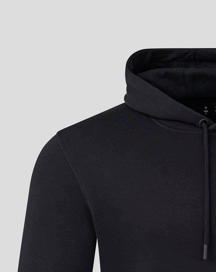 Close up of the hooded neckline and shoulder of the black FEYENOORD Classic Hoody for men.