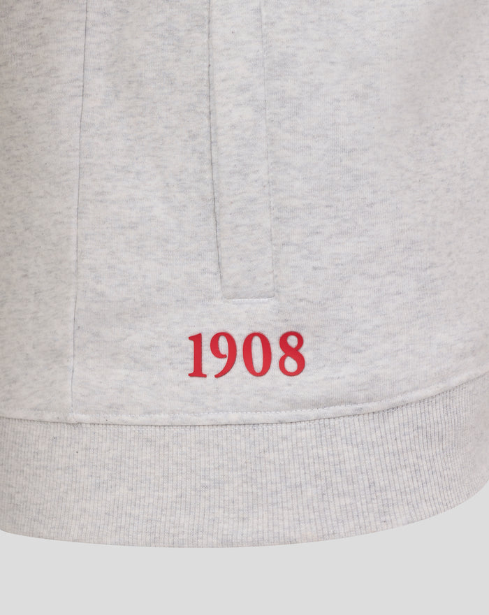 Grey hoodie front with bold red 1908 numerals printed across the lower area