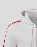 Grey heathered hoodie close up showing the hood edge and drawstring