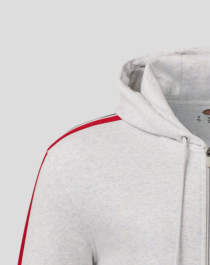 Grey heathered hoodie close up showing the hood edge and drawstring