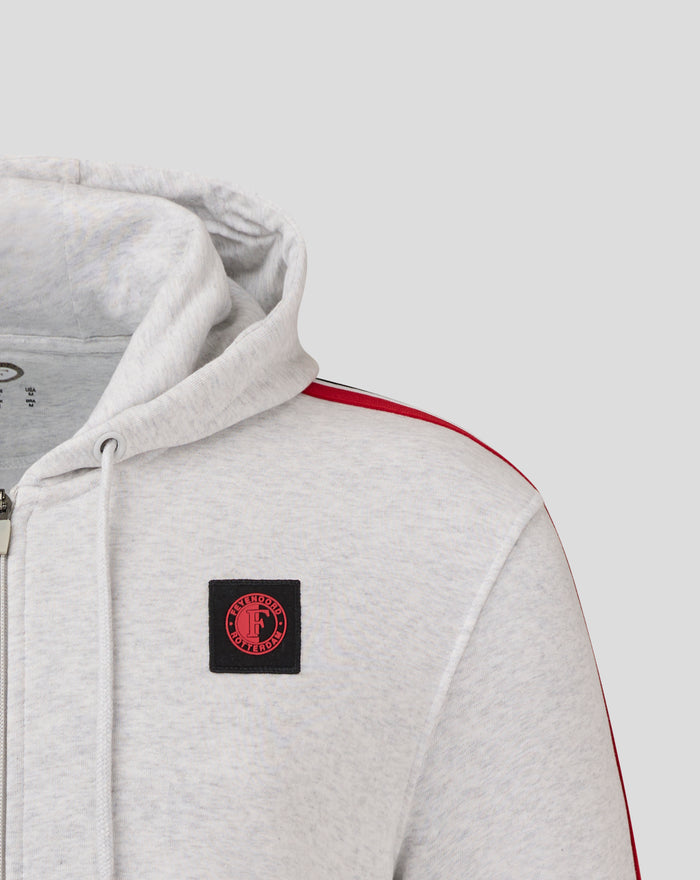 Grey heathered Feyenoord classic hoodie with a red zipper line and circular club crest patch on the chest