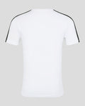 Back view of white Feyenoord T shirt with black piping along the shoulders and sleeves