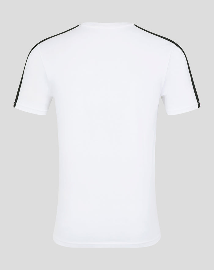 Back view of white Feyenoord T shirt with black piping along the shoulders and sleeves