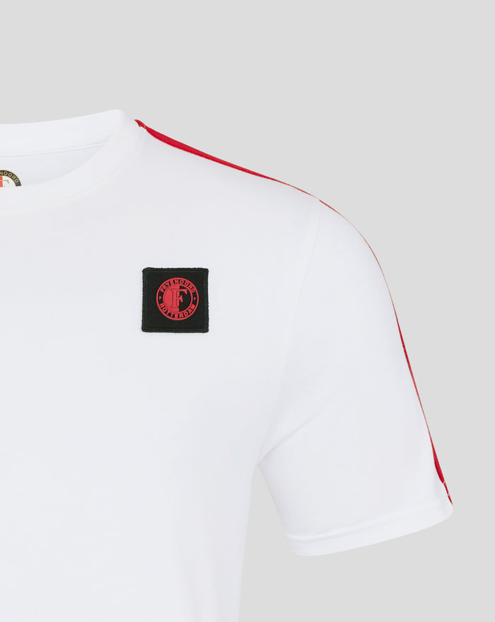 Close up of white Feyenoord T shirt showing red shoulder piping and crest patch on chest
