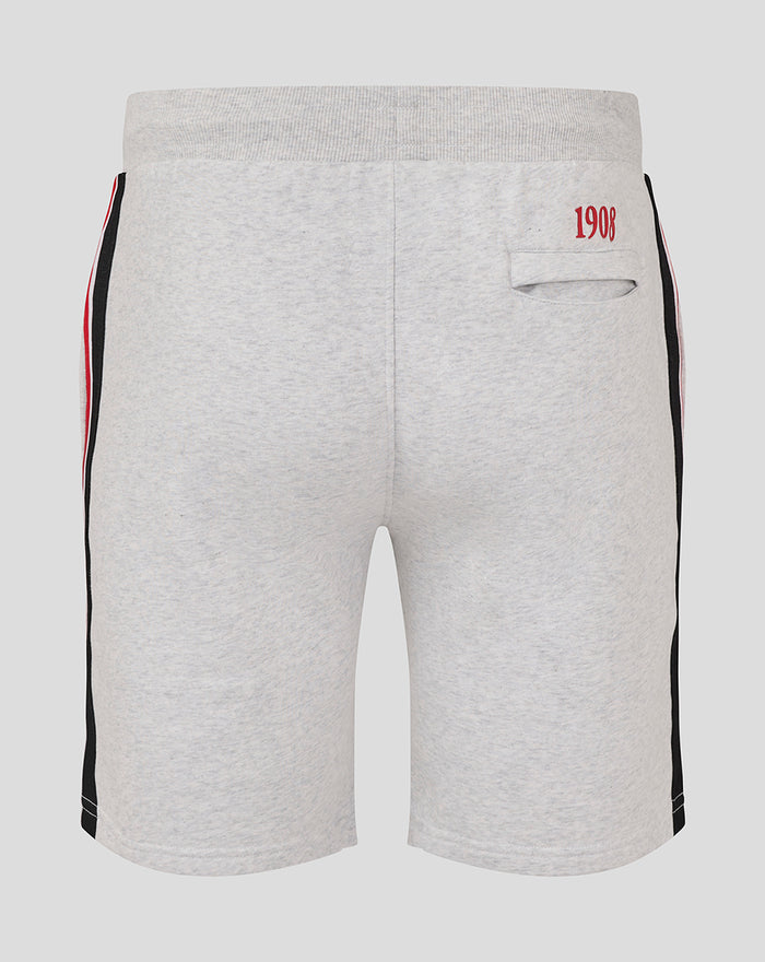 Back view of grey Feyenoord Classic men's shorts with red 1908 embroidery and side stripes.