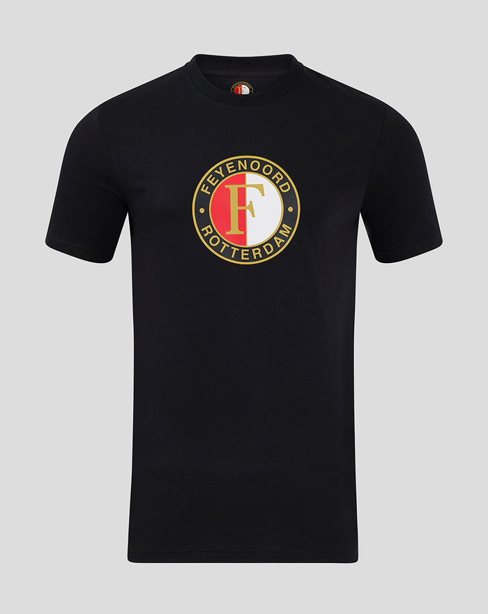 Front view of black Feyenoord Core Logo T-shirt for men with a large circular gold emblem on the chest.