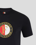 Close-up of the black T-shirt chest showing the round Feyenoord logo in gold red and white.