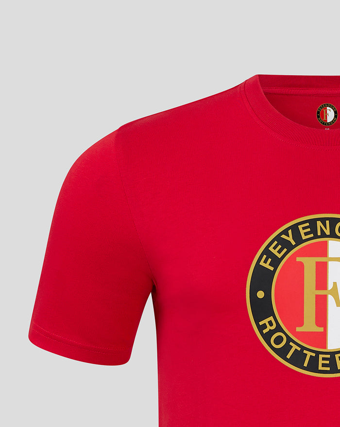 Close up of red FEYENOORD Core Logo men's T-shirt showing shoulder seam and partial chest crest.