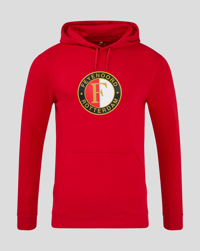 Front view of a red Feyenoord Core Hoody for men featuring a large circular club crest on the chest
