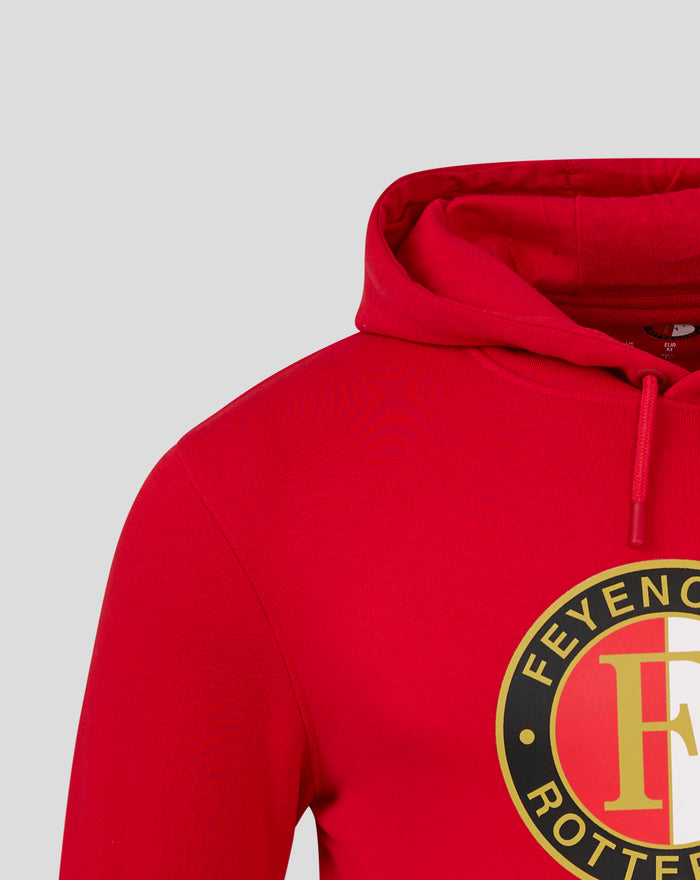 Red Feyenoord Core hoodie for men with hood up and visible drawstrings.