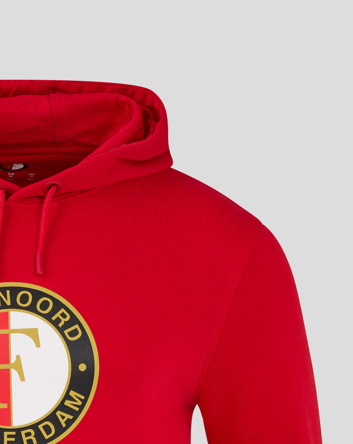 Red Feyenoord Core hoodie for men with hood and a partial circular logo.