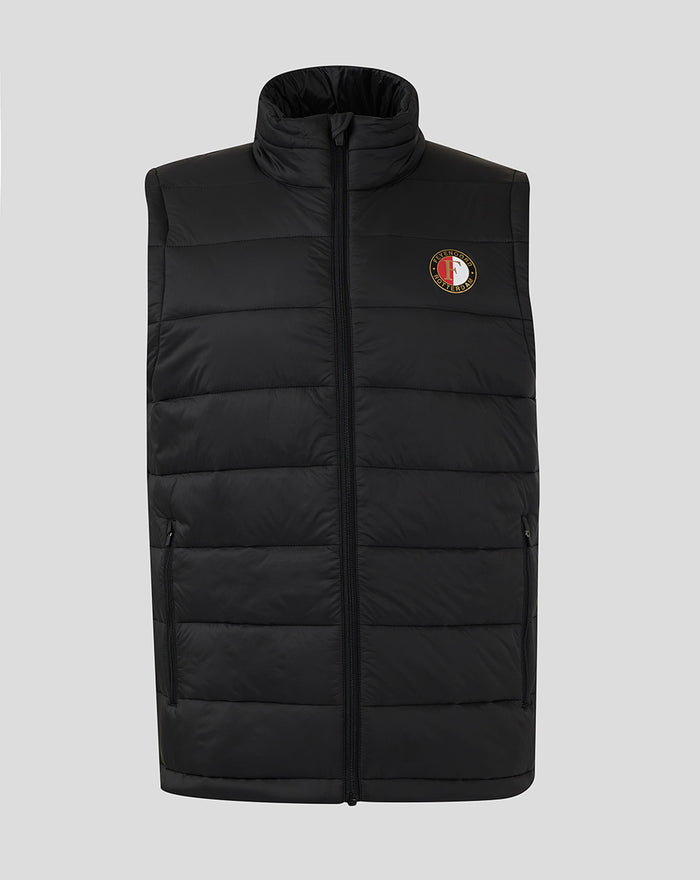 Front view of a black Feyenoord Core gilet sleeveless vest with a stand up collar and crest badge on the chest