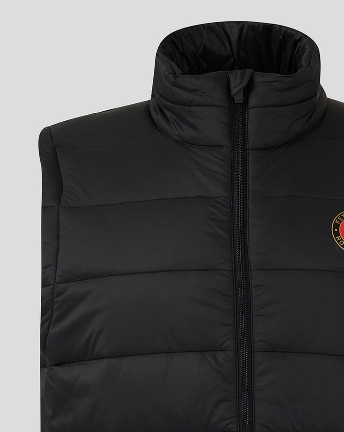 Upper front view of black Feyenoord Core gilet featuring a stand collar and central zipper with a chest logo