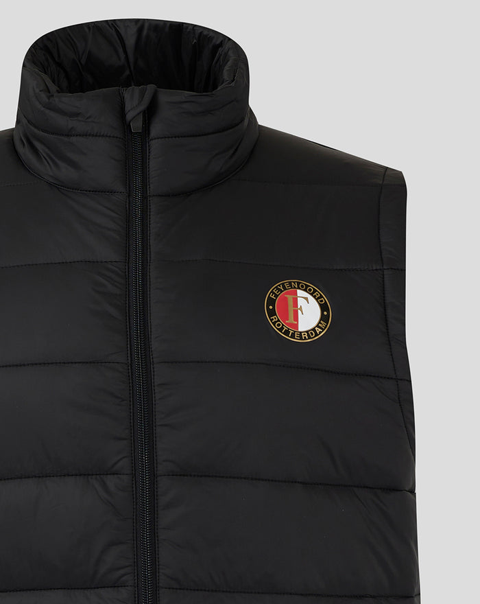 Front close-up of black Feyenoord Core gilet with a full zip and circular club badge on the chest