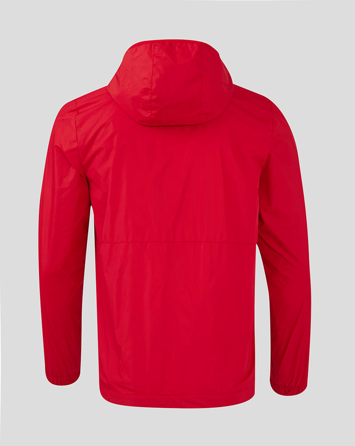 Back view of a red Feyenoord Core men's summer jacket with hood and clean seam lines